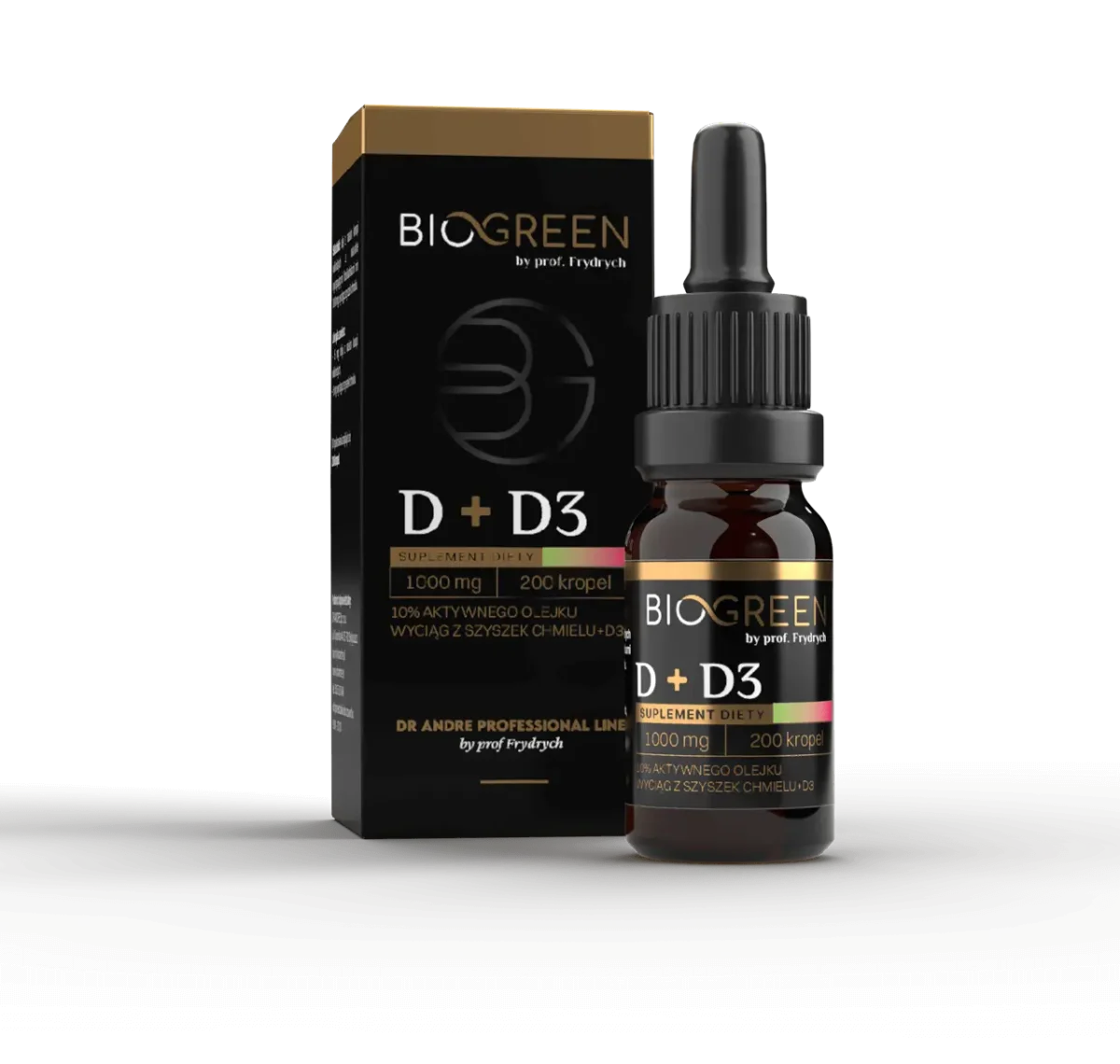 Olej konopny CBD 10% z wyciągiem z szyszek chmielu + witamina D3 Biogreen by prof. Frydrychowski