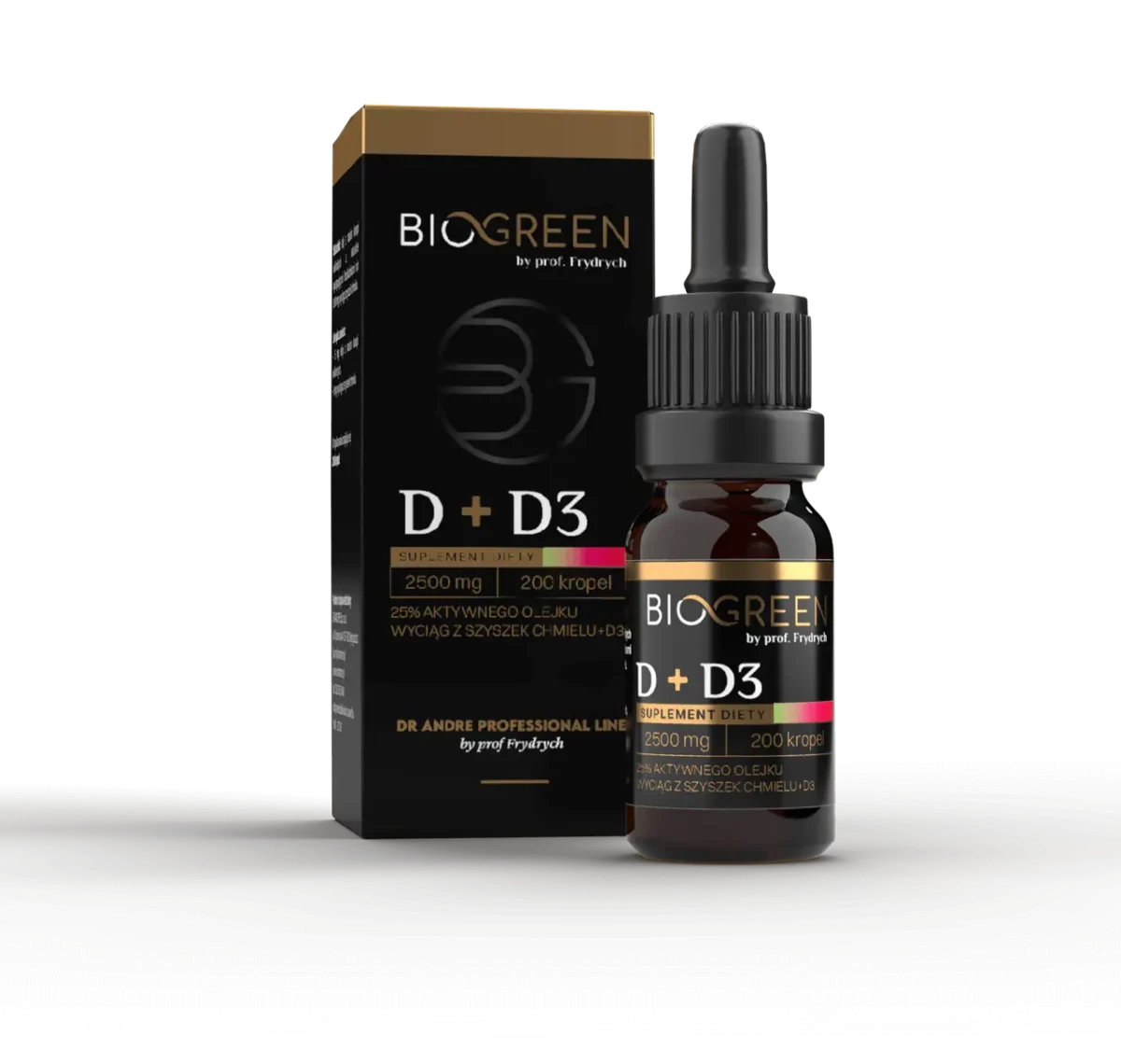 Olej konopny CBD 25% z wyciągiem z szyszek chmielu + witamina D3 Biogreen by prof. Frydrychowski