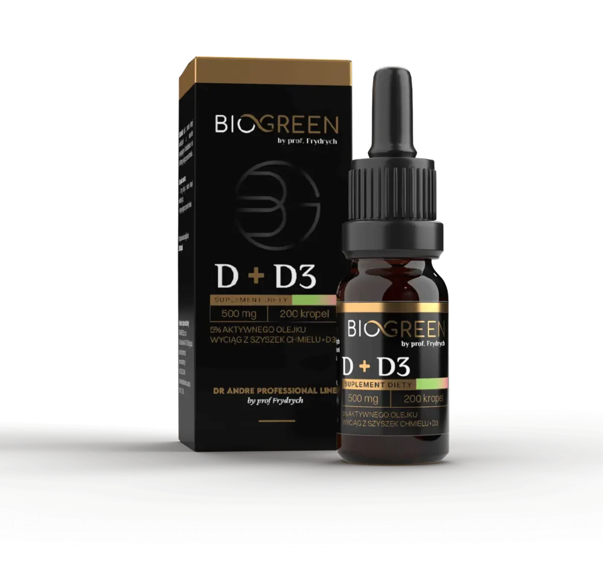 Olej konopny CBD 5% z wyciągiem z szyszek chmielu + witamina D3 Biogreen by prof. Frydrychowski